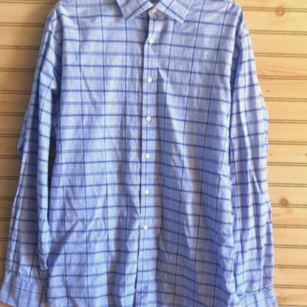 Stantt Essentials Trim Cotton Long Sleeve Blue Plaid Button Up Shirt Men's XL
